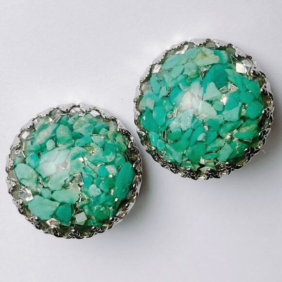 VTG 60s Turquoise Earrings Stone Chip Resin Dome Silver Tone Clip On Mid Century - Picture 4 of 12